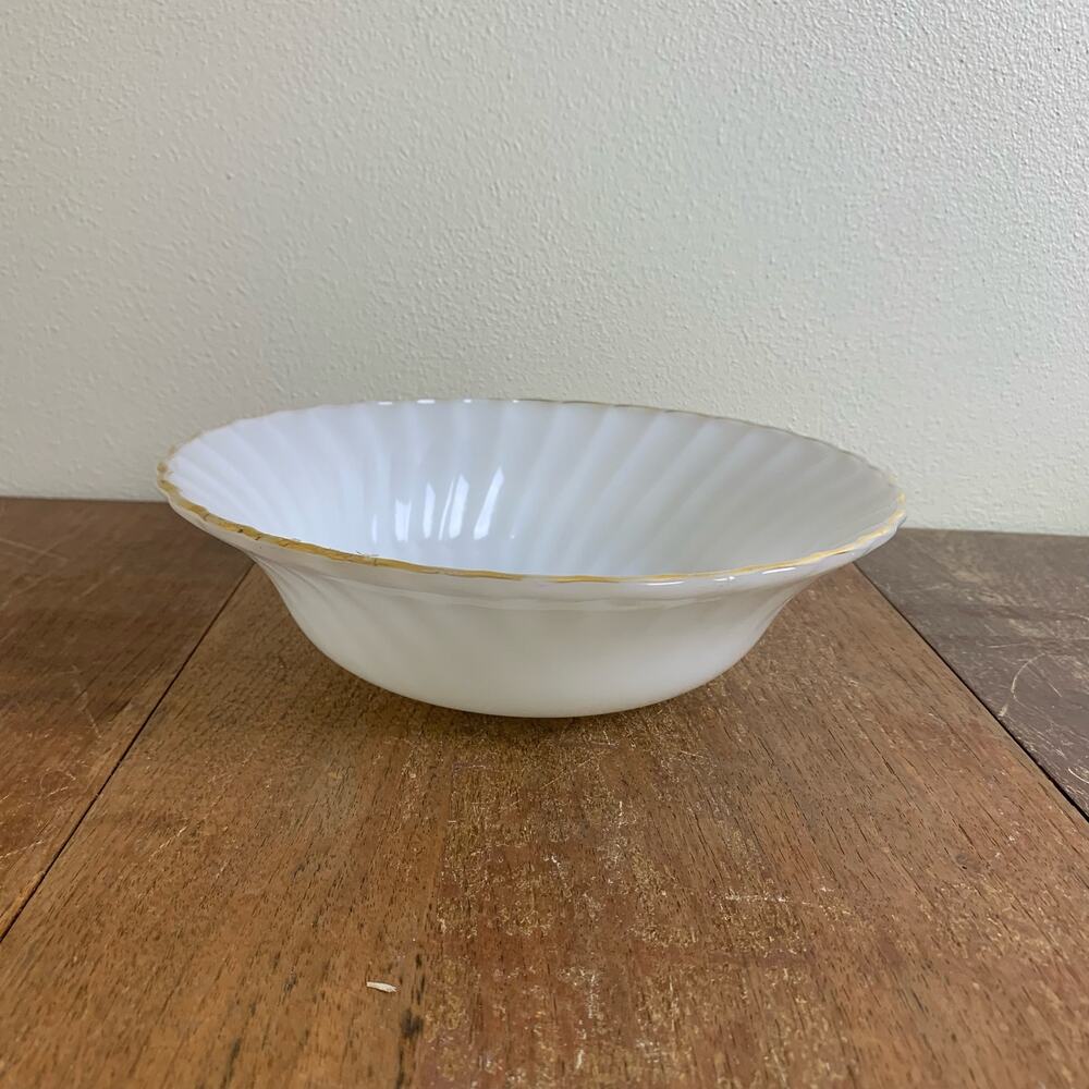 Anchor Hocking  Vintage 50's White Milk Glass Swirl Gold Trim Round Serving Bowl